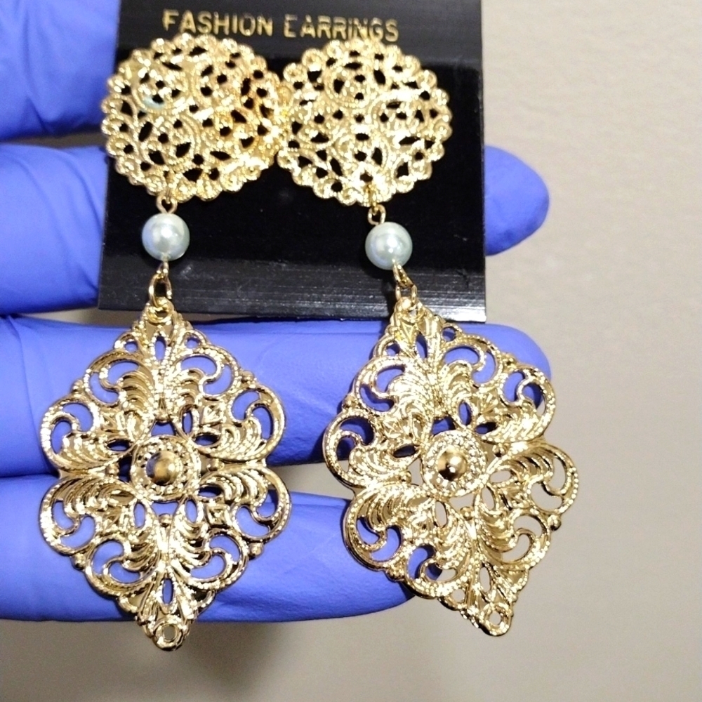 Women's Stylish Gold-tone Filigree Design 3" Long Beaded Drop Dangle Earrings #5